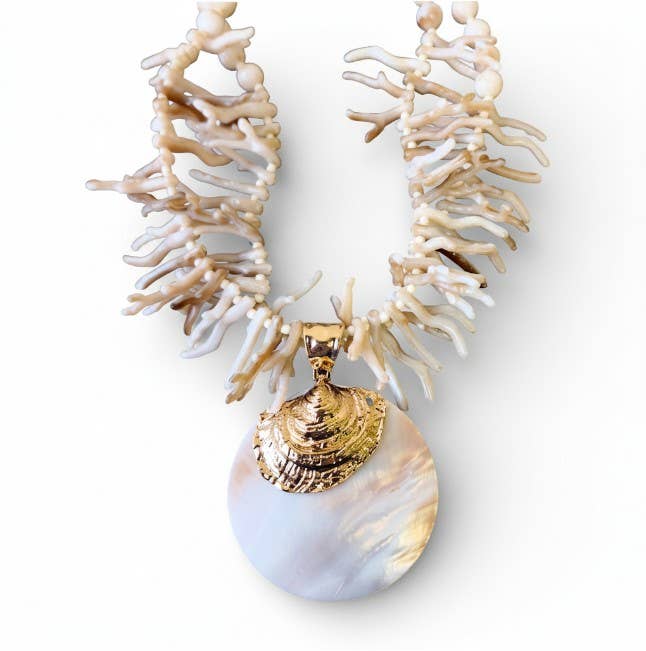 Handmade White Coral Branch Shell Necklace with boho coastal artisan charm