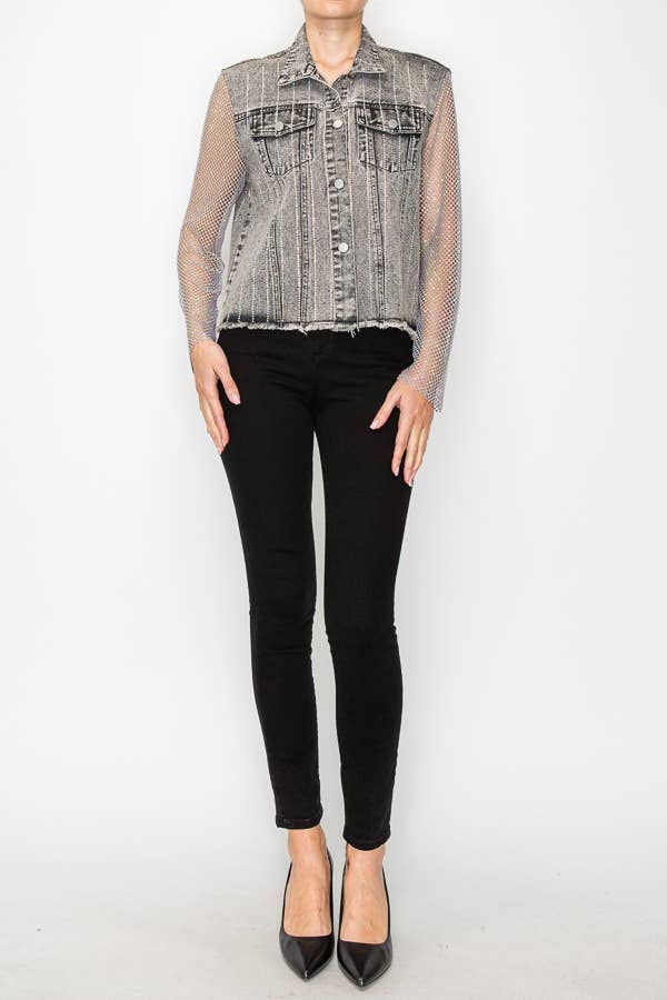 Denim Jacket With Sparkly Details &amp; Net Mesh Sleeves
