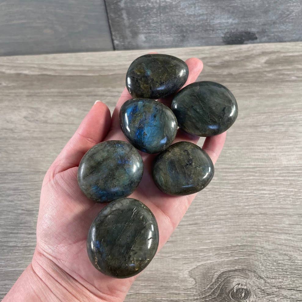 Natural Labradorite Palm Stone with iridescent flash for crystal healing and intuition