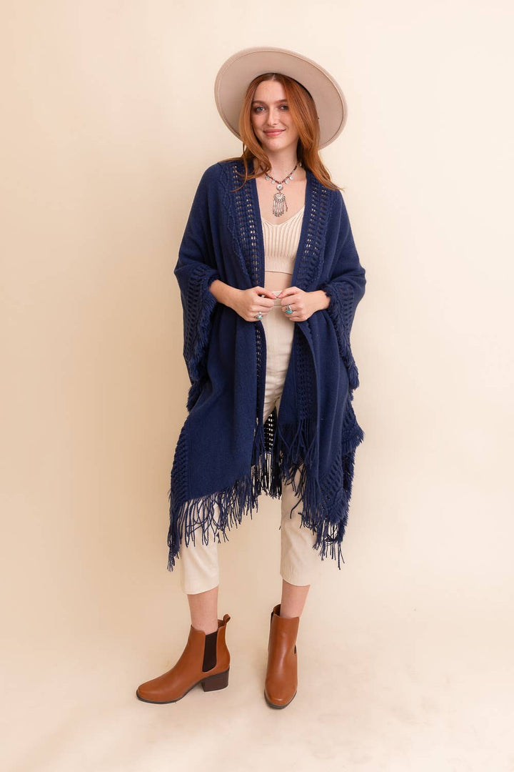 Frayed Border Bohemian Ruana Kimono Sweater