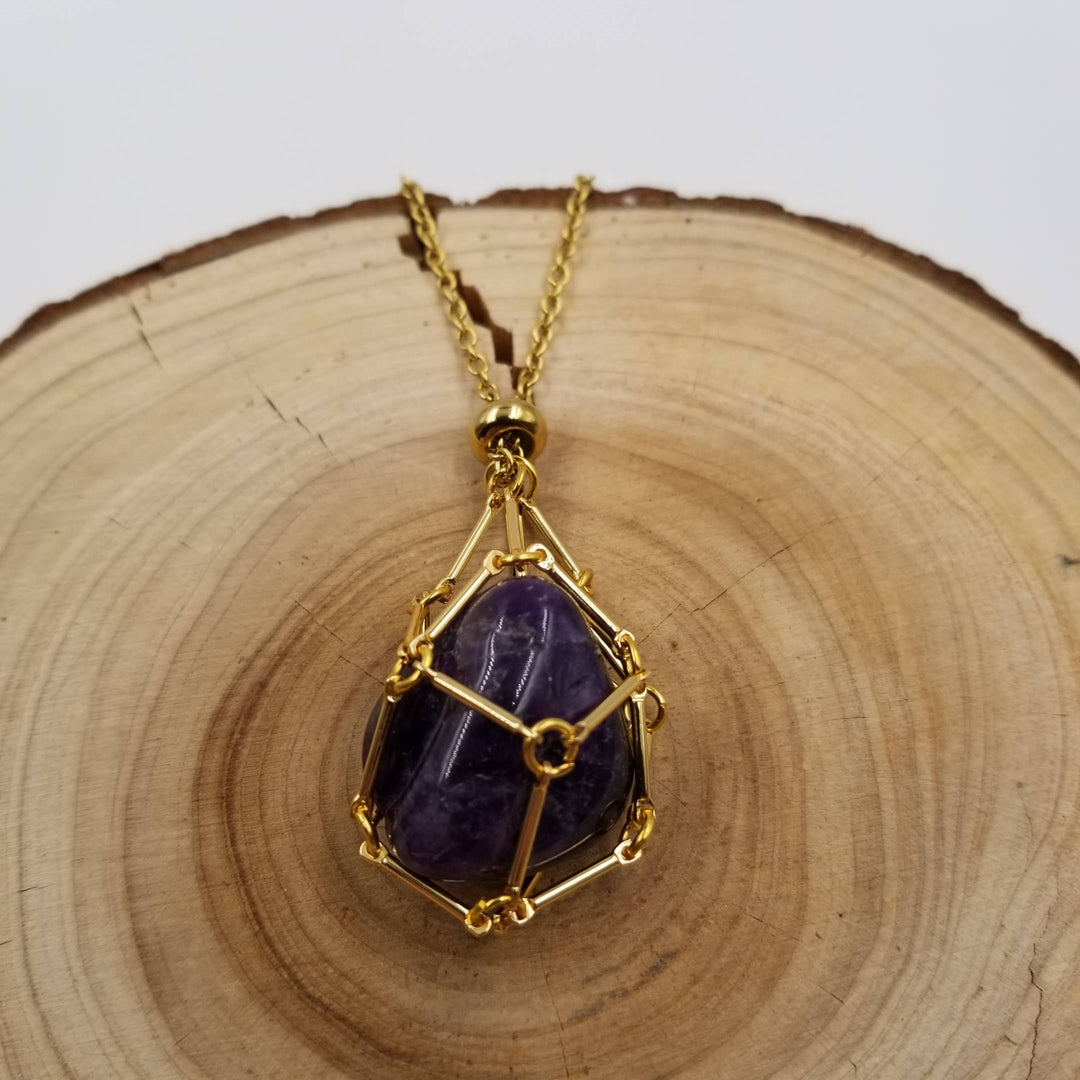 Gold Interchangeable Macramé Cage Necklace with mystery reiki-infused crystal boho coastal style