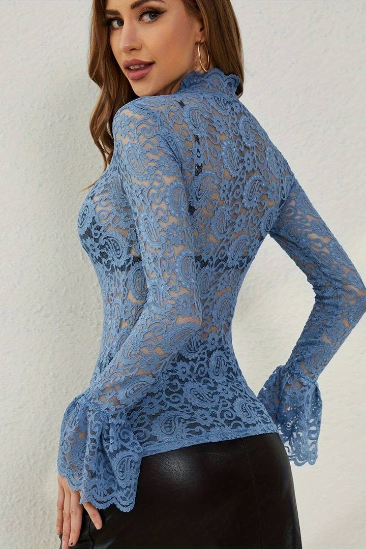 Half Turtleneck Lace Trumpet Sleeve Top with flowy romantic coastal boho style
