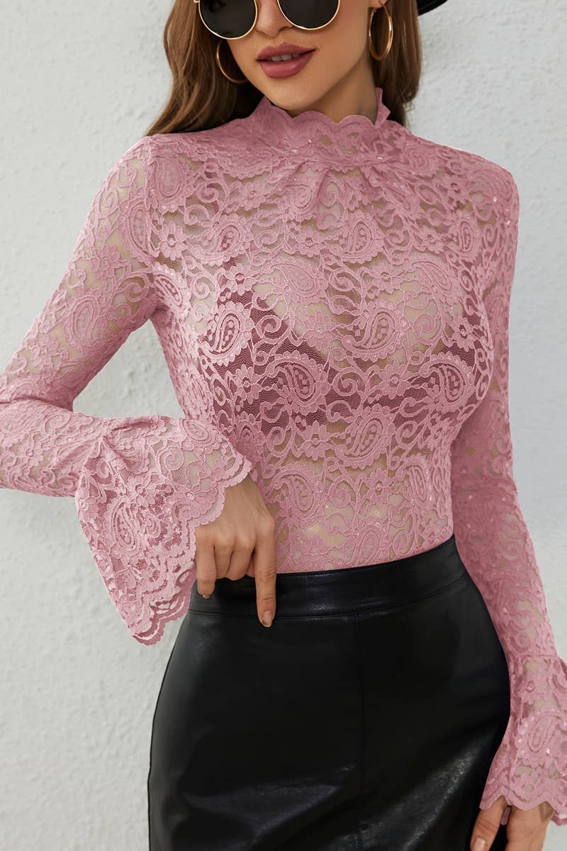 Half Turtleneck Lace Trumpet Sleeve Top with flowy boho coastal romantic style