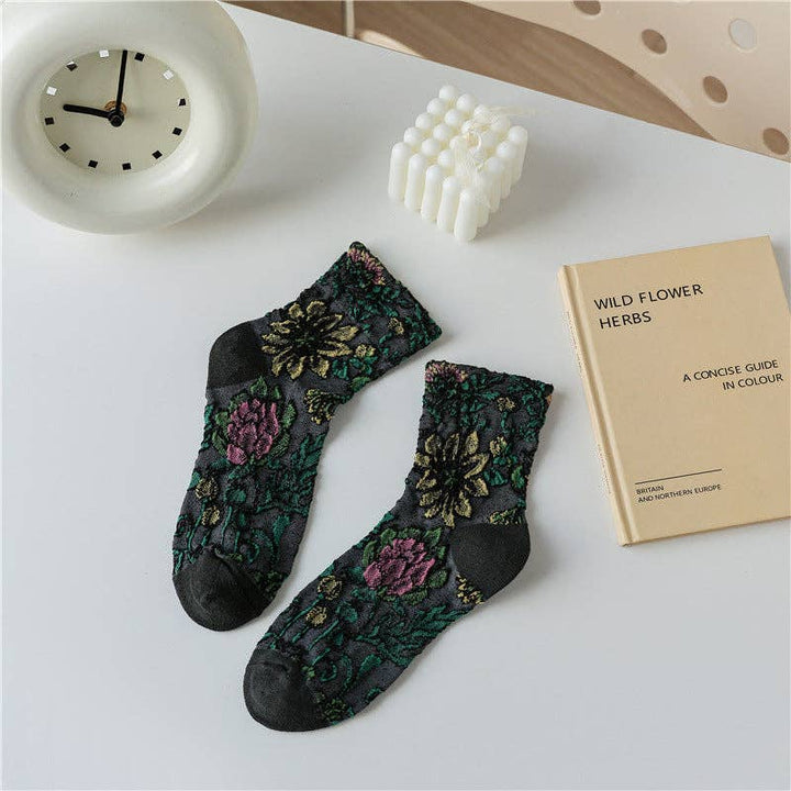 Retro Flower Pattern Mid-Calf Socks 5-Pack with vintage floral boho coastal style