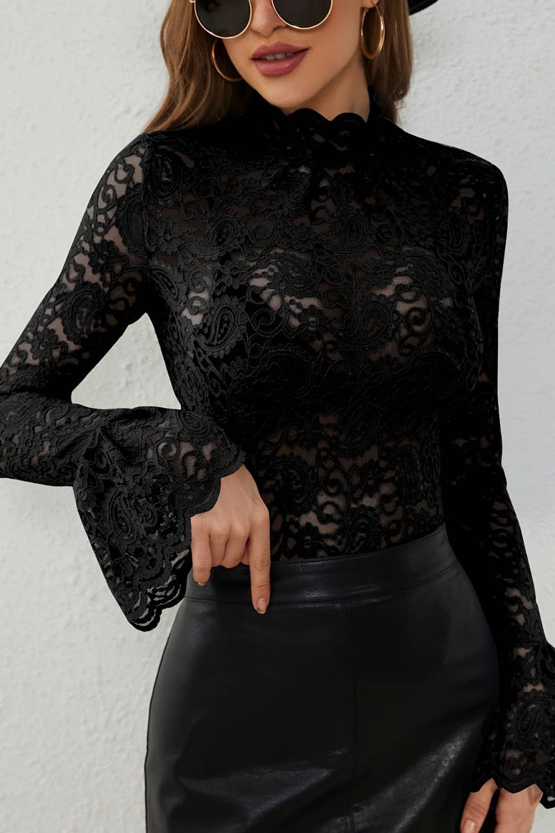 Half Turtleneck Lace Trumpet Sleeve Top with flowy romantic coastal boho style