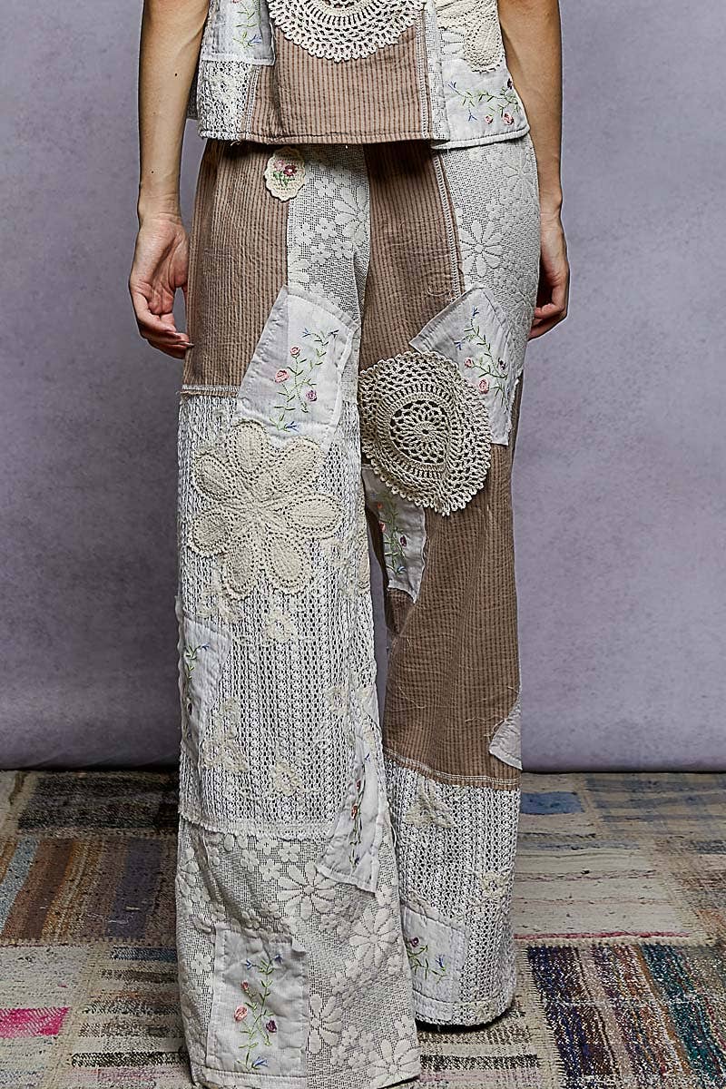 Lace Patch Detail Woven Pants with relaxed boho fit for coastal everyday wear