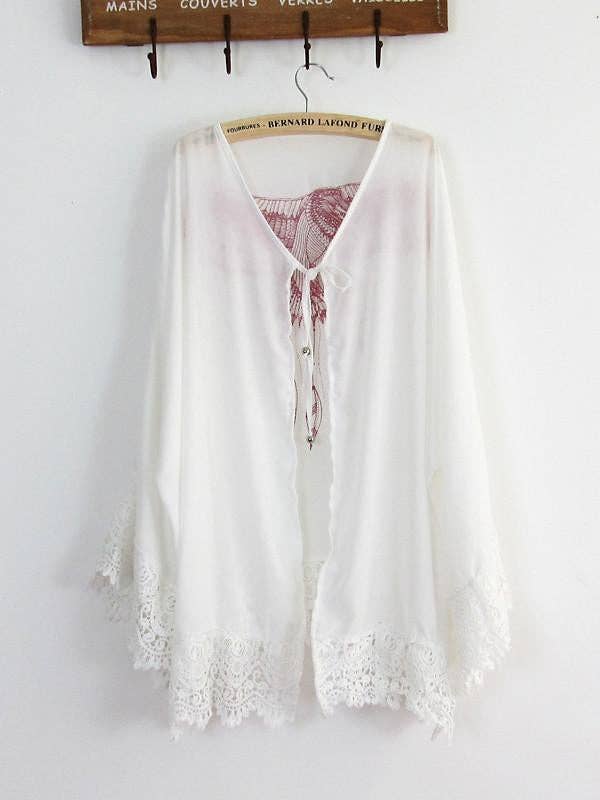 White lace sleeve eagle print beach cardigan bohemian cover-up for coastal free spirits