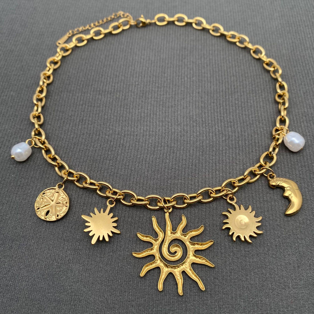 Sun Moon Star 18K Gold Plated SS Necklace