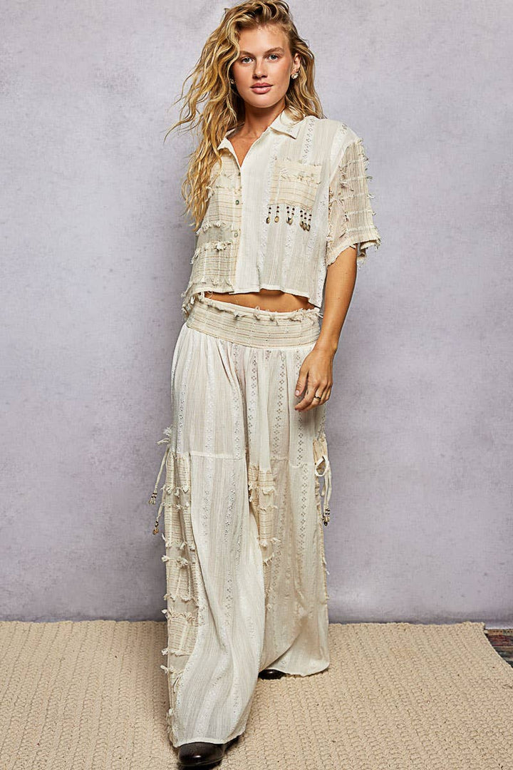 Boho Fringe Shell Bead Shirt Top with woven cotton and handcrafted coastal details