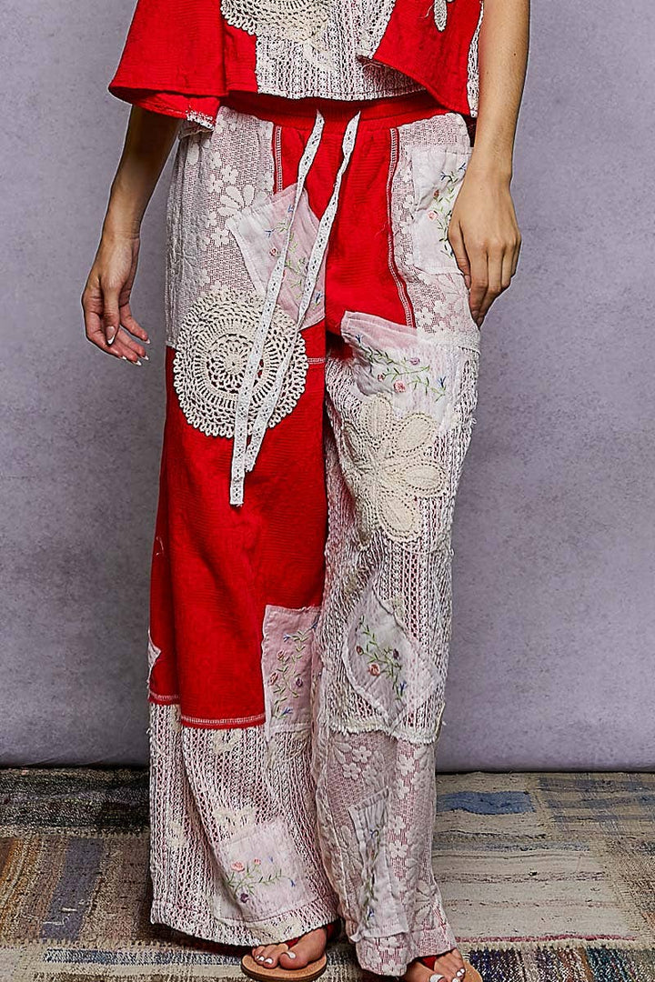 Lace Patch Detail Woven Pants with relaxed boho fit for coastal everyday wear