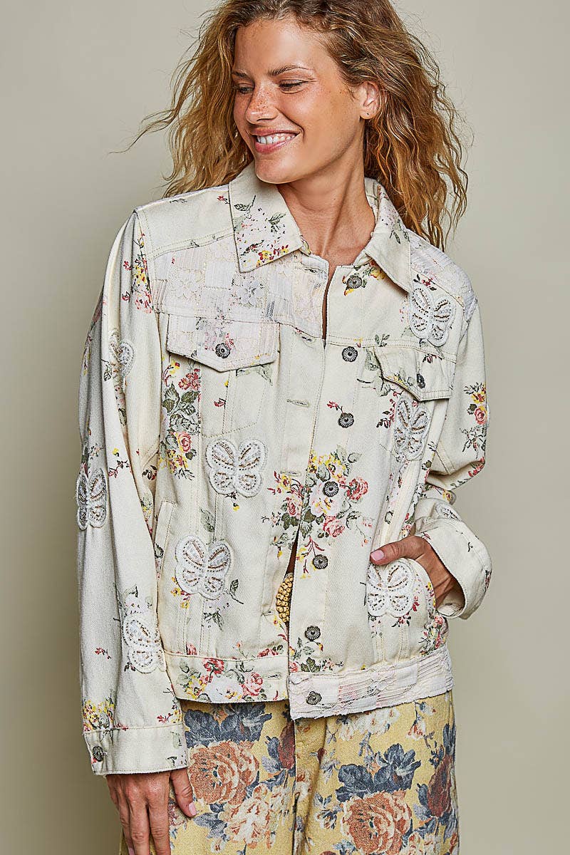 Floral Print Embroidered Collared Denim Jacket