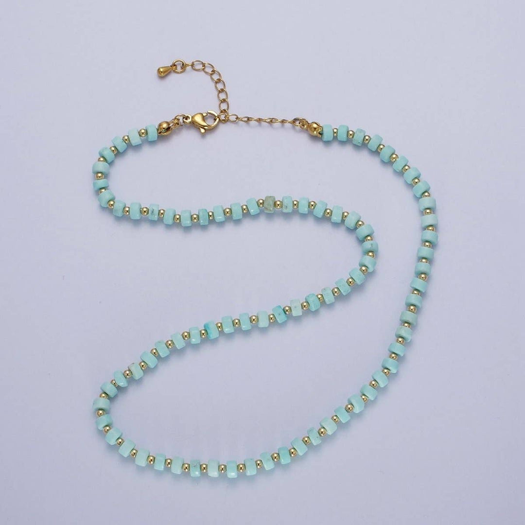 Gold filled blue turquoise heishi choker necklace with rondelle gemstone beads