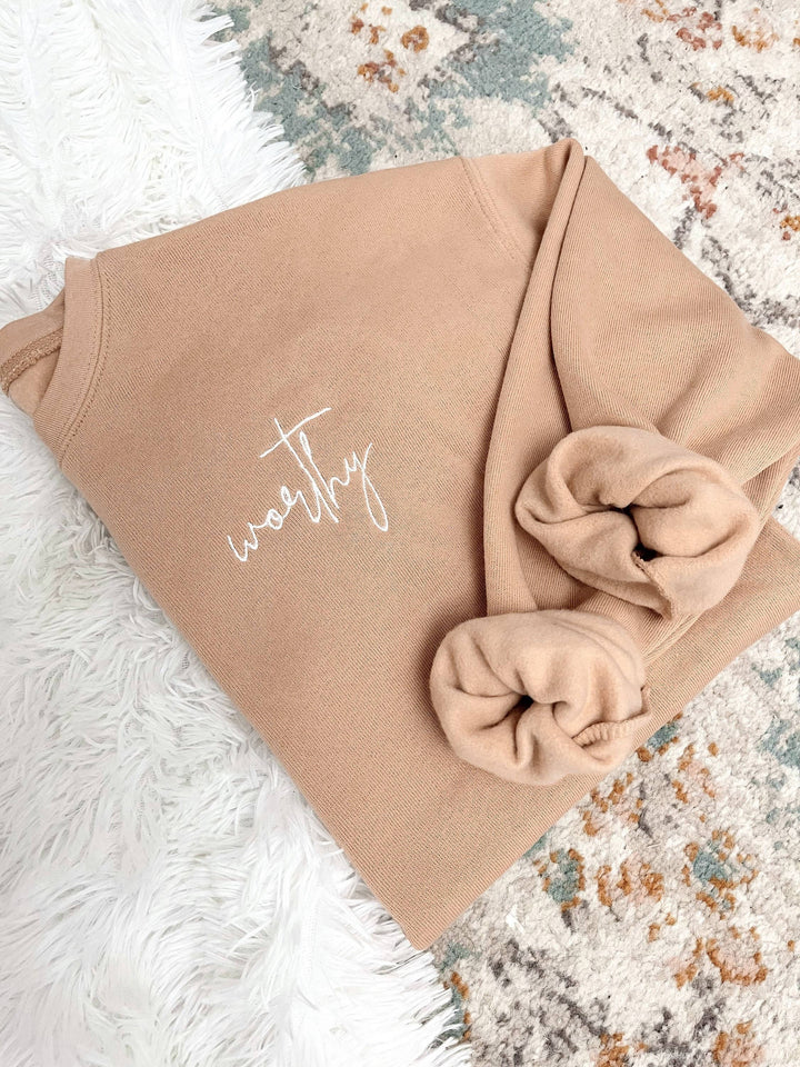 Worthy Embroidered Sweatshirt cozy coastal boho style relaxed unisex affirmation wear