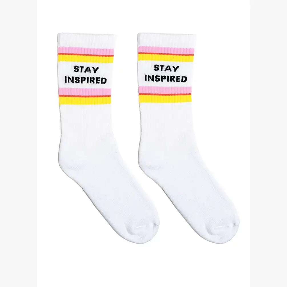 White Stay Inspired ribbed crew socks from Anchored Soul coastal hippie boutique Wickford Rhode Island