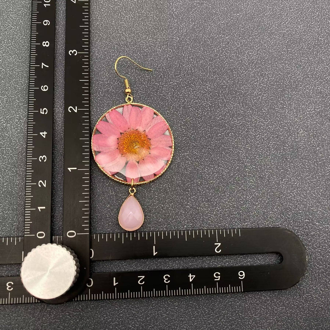 Pink Chrysanthemum Dried Flower Round Earrings handcrafted for the free-spirited coastal soul