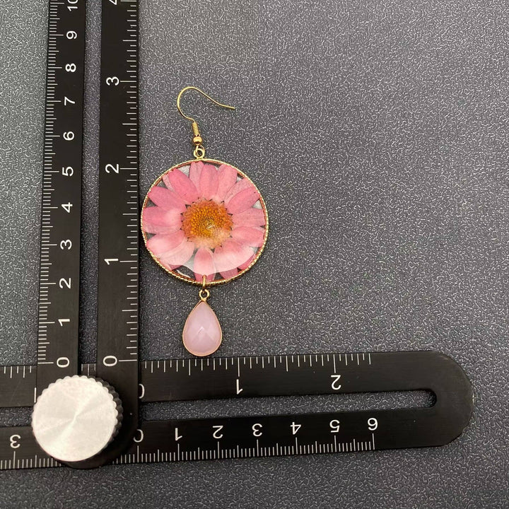 Pink Chrysanthemum Dried Flower Round Earrings handcrafted for the free-spirited coastal soul
