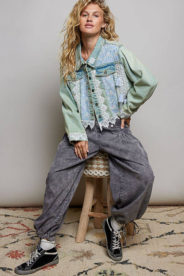 Vintage Washed Metal Button Down Embroidered Denim Jacket