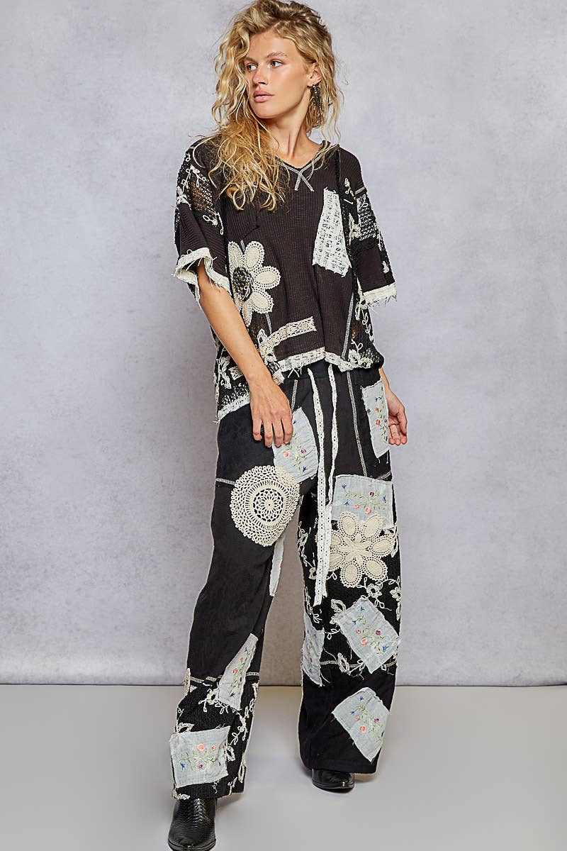 Lace Patch Detail Woven Pants