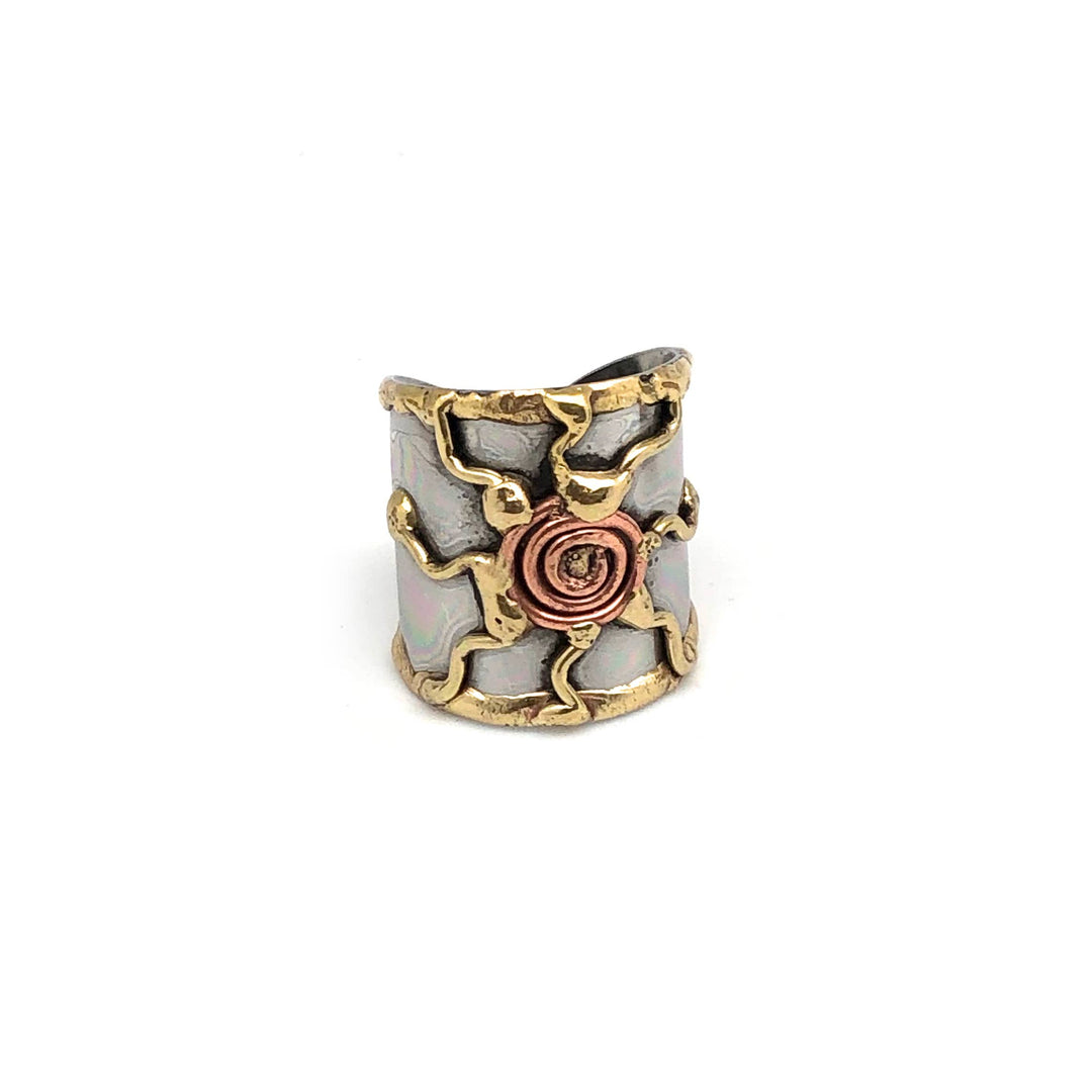 Spiral Sun Mixed Metal Cuff Ring handcrafted boho coastal artisan statement jewelry