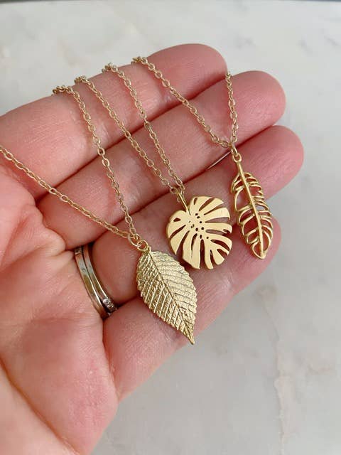 14k gold-filled leaf necklace with monstera or banana leaf pendant for layering
