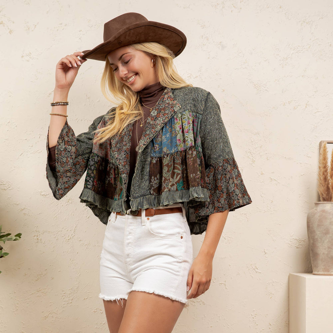 Lapel Detail Cropped Jacket with Handcrafted Embroidery