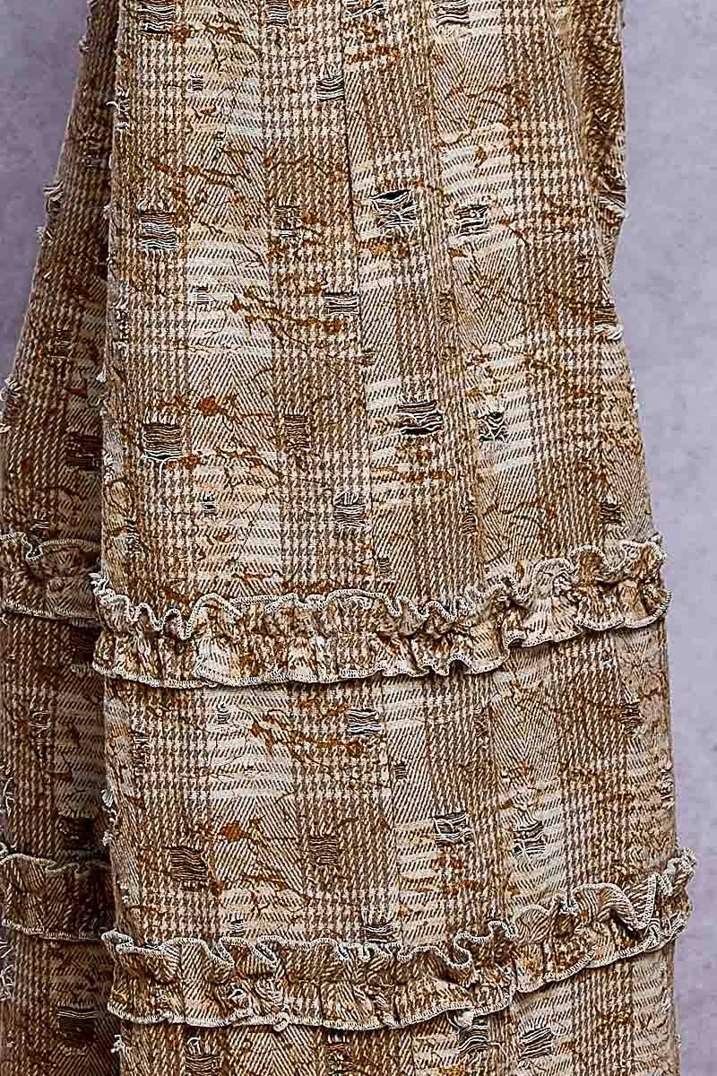 Vintage Distressed Plaid Ruffle Hem High Rise Wide Leg Pants