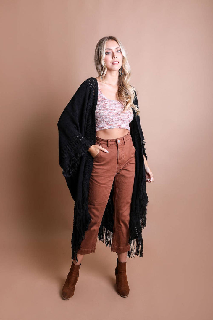 Frayed Border Bohemian Ruana Kimono Sweater