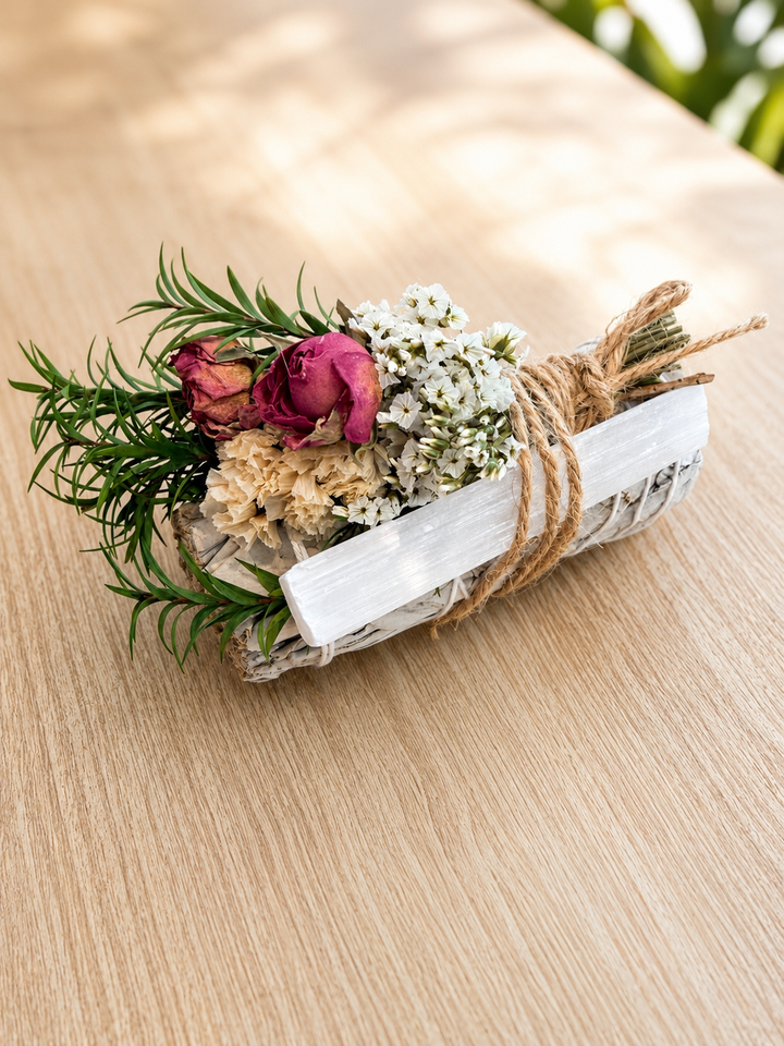 White Sage w/ Selenite Crystal &amp; Dried Flowers Smudge Stick