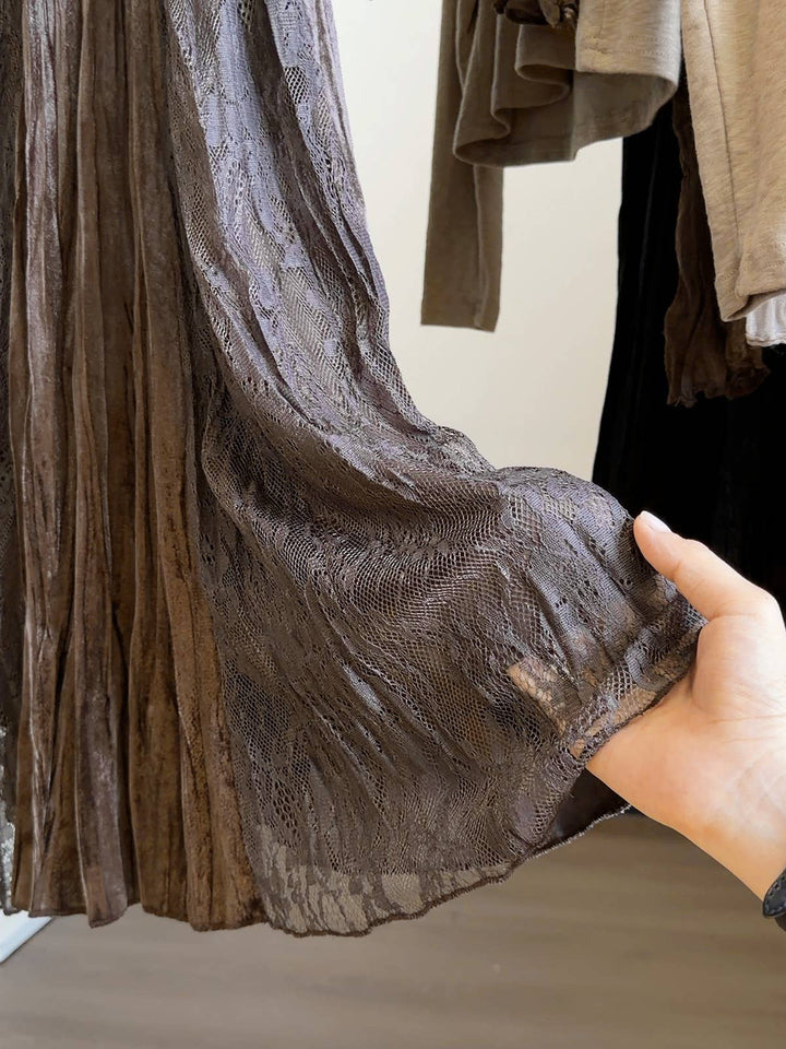 Lace Panel Velvet Pleated A-Line Skirt