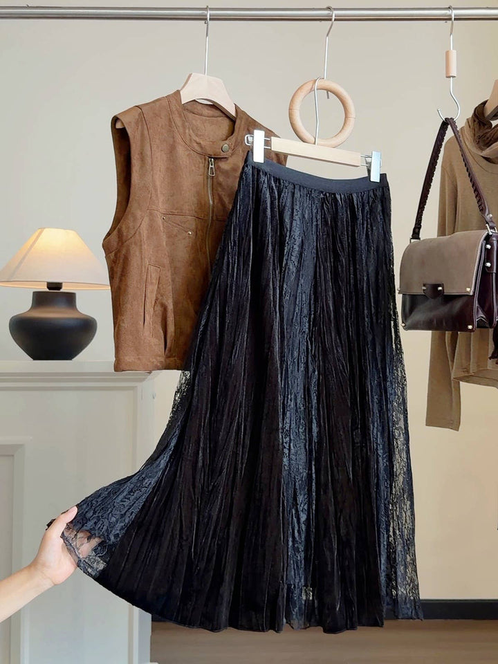 Lace Panel Velvet Pleated A-Line Skirt