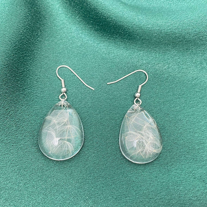 Dandelion Genuine Dried Plant Teardrop Earrings handcrafted boho coastal artisan jewelry