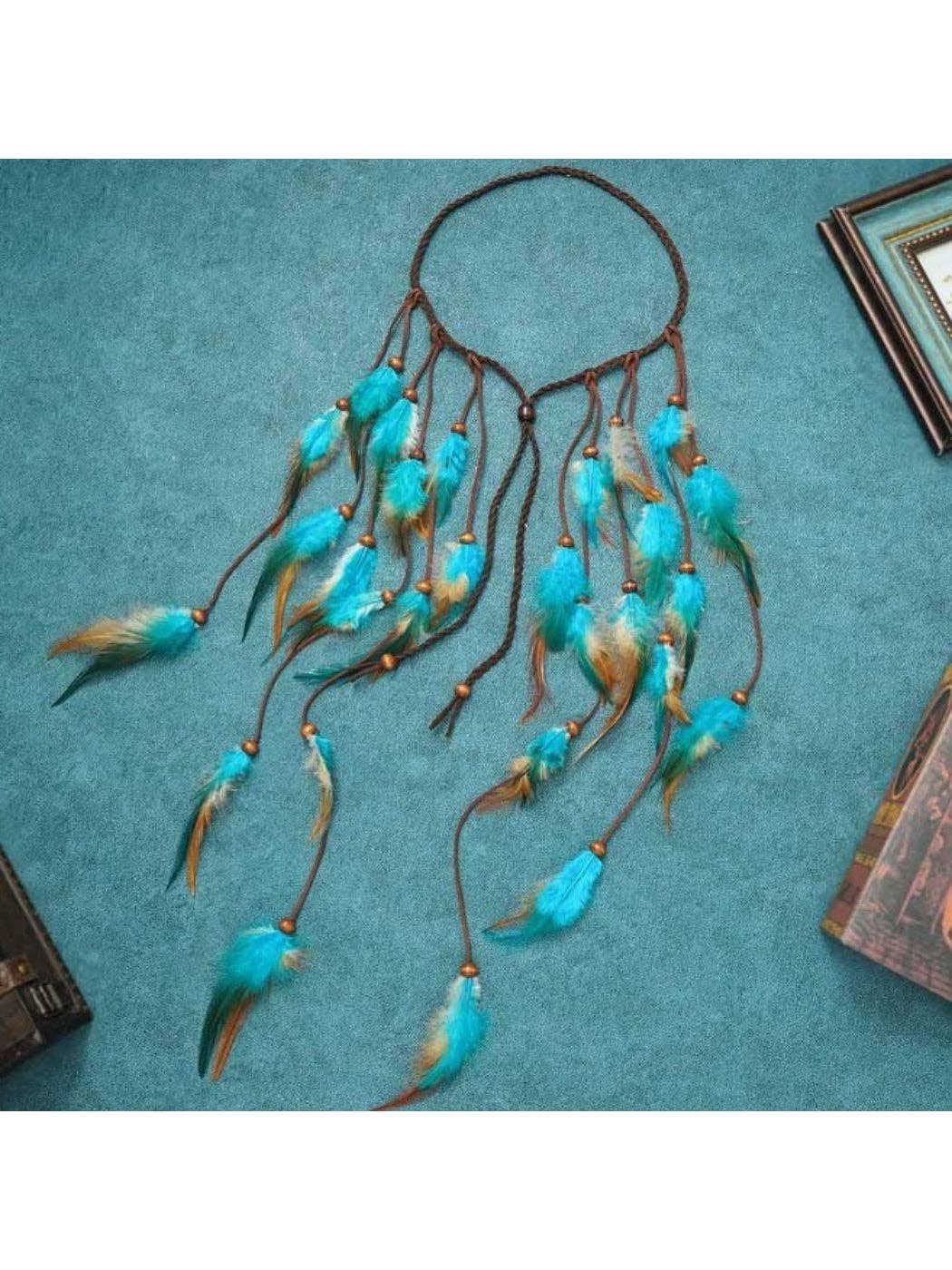 Boho Long Turquoise Feather Hair Headpiece for free-spirited coastal festival style