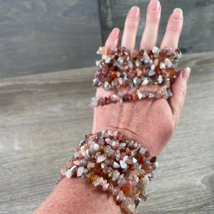 Healing Crystal Chip Bracelets with amethyst and rose quartz for coastal boho style