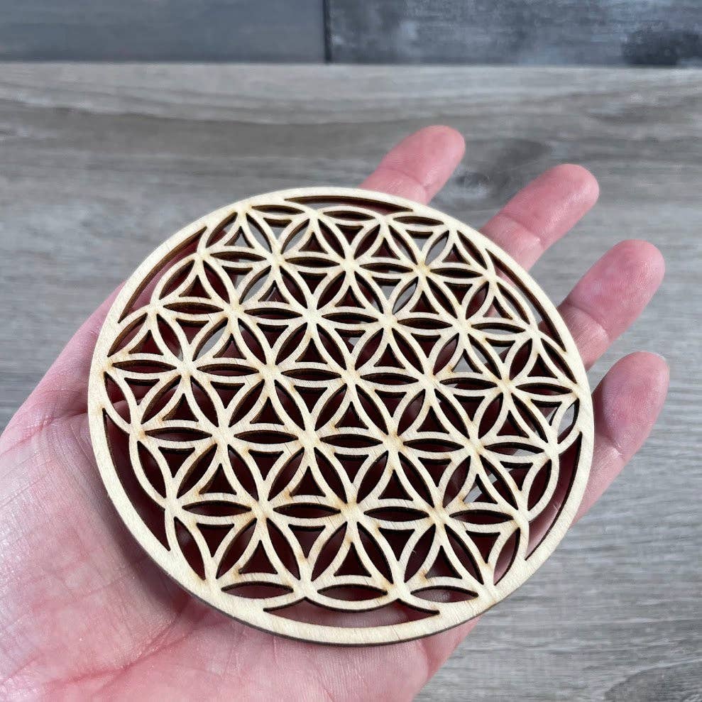 Wood Crystal Grid Plate - Sacred Display for Crystals