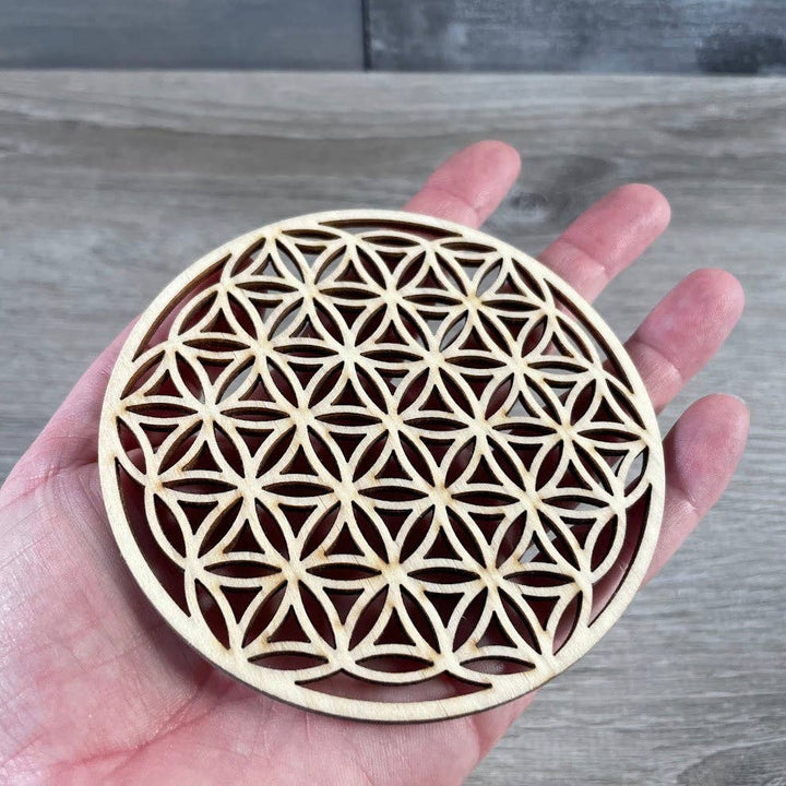 Wood Crystal Grid Plate - Sacred Display for Crystals