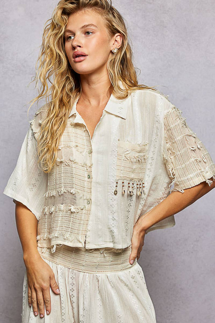 Boho Fringe Shell Bead Shirt Top with woven cotton and coastal handcrafted detail