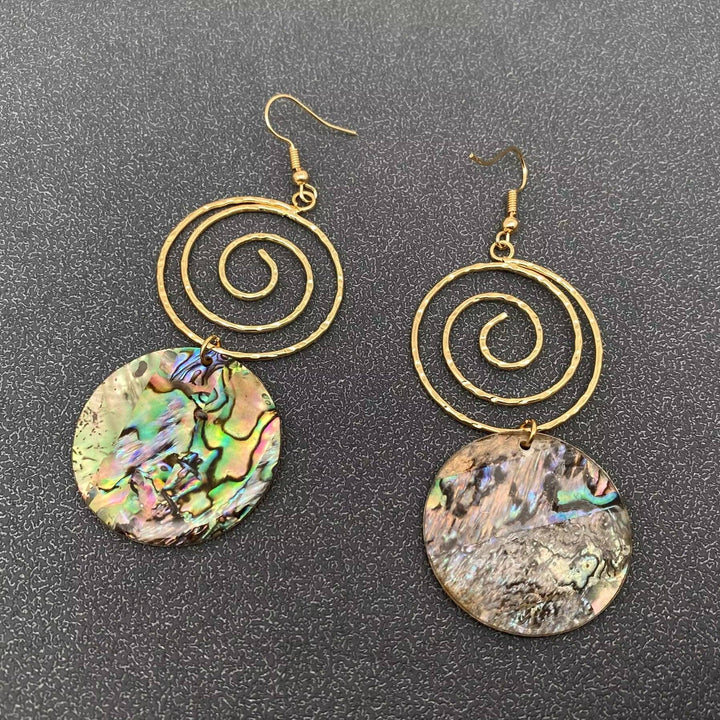 Round Abalone Shell Gold-plated Metal Vortex Dangle Earrings