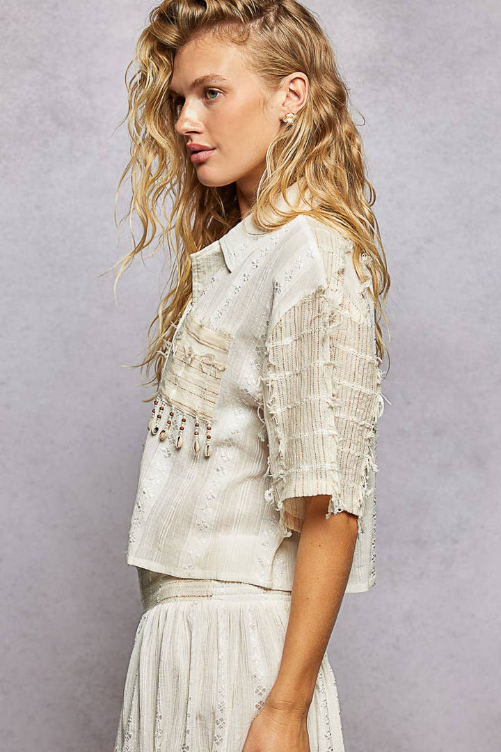 Boho Fringe Shell Bead Shirt Top with woven cotton and handcrafted coastal detail