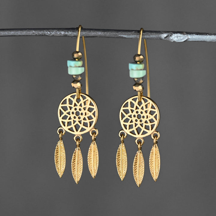 Handmade Dream Catcher earrings with short wire and turquoise jasper beads