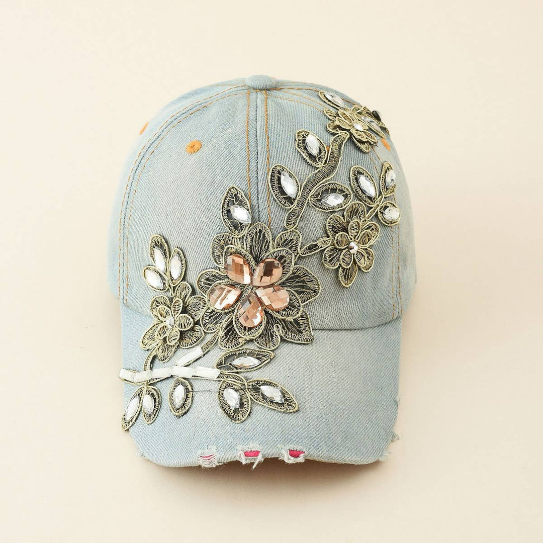 Diamond-Embellished Distressed Denim Baseball Cap