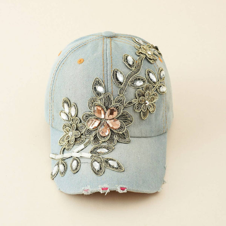 Diamond-Embellished Distressed Denim Baseball Cap