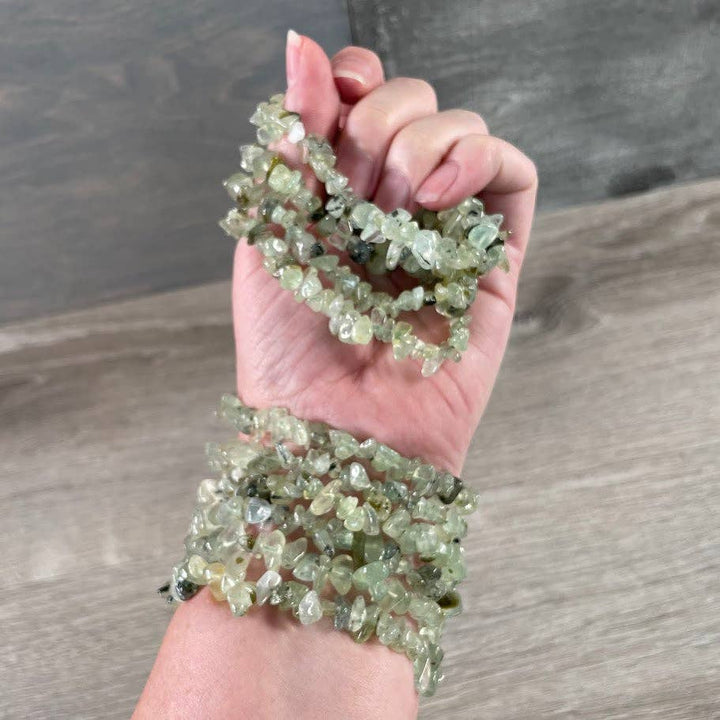 Healing Crystal Chip Bracelets with amethyst and rose quartz for coastal boho style