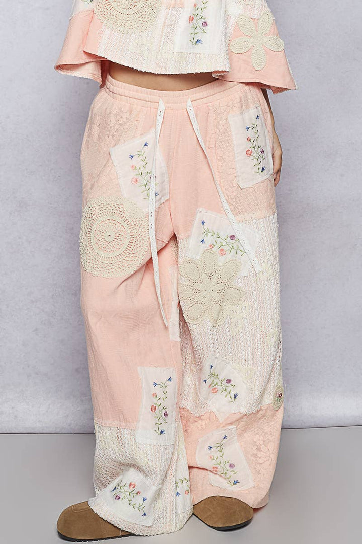 Lace Patch Detail Woven Pants with relaxed boho fit for coastal everyday wear