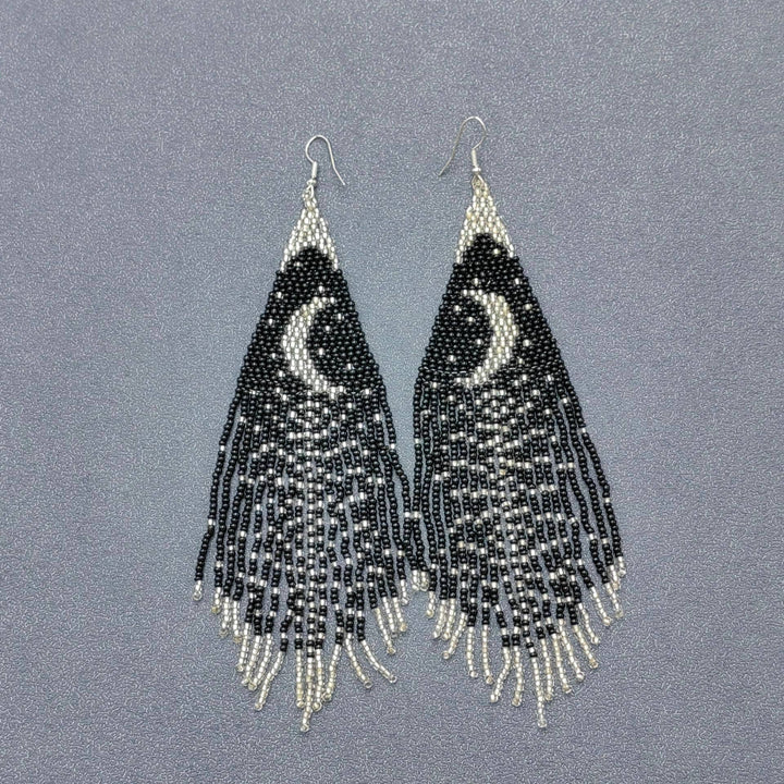 Star Moon Night Sky Seed Bead Tassel Earrings handcrafted celestial coastal boho jewelry