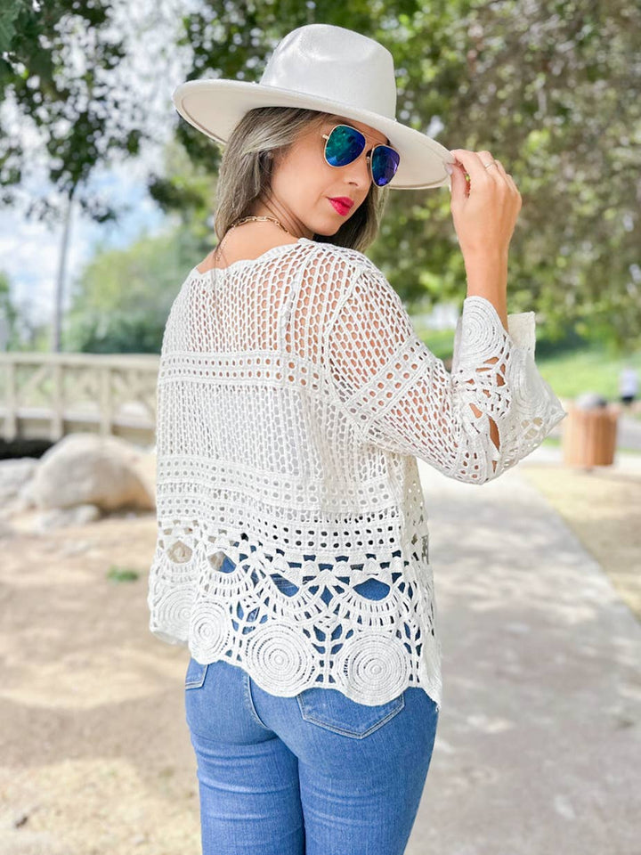 Boho scalloped round neck crochet top with open knit 3/4 sleeves coastal style