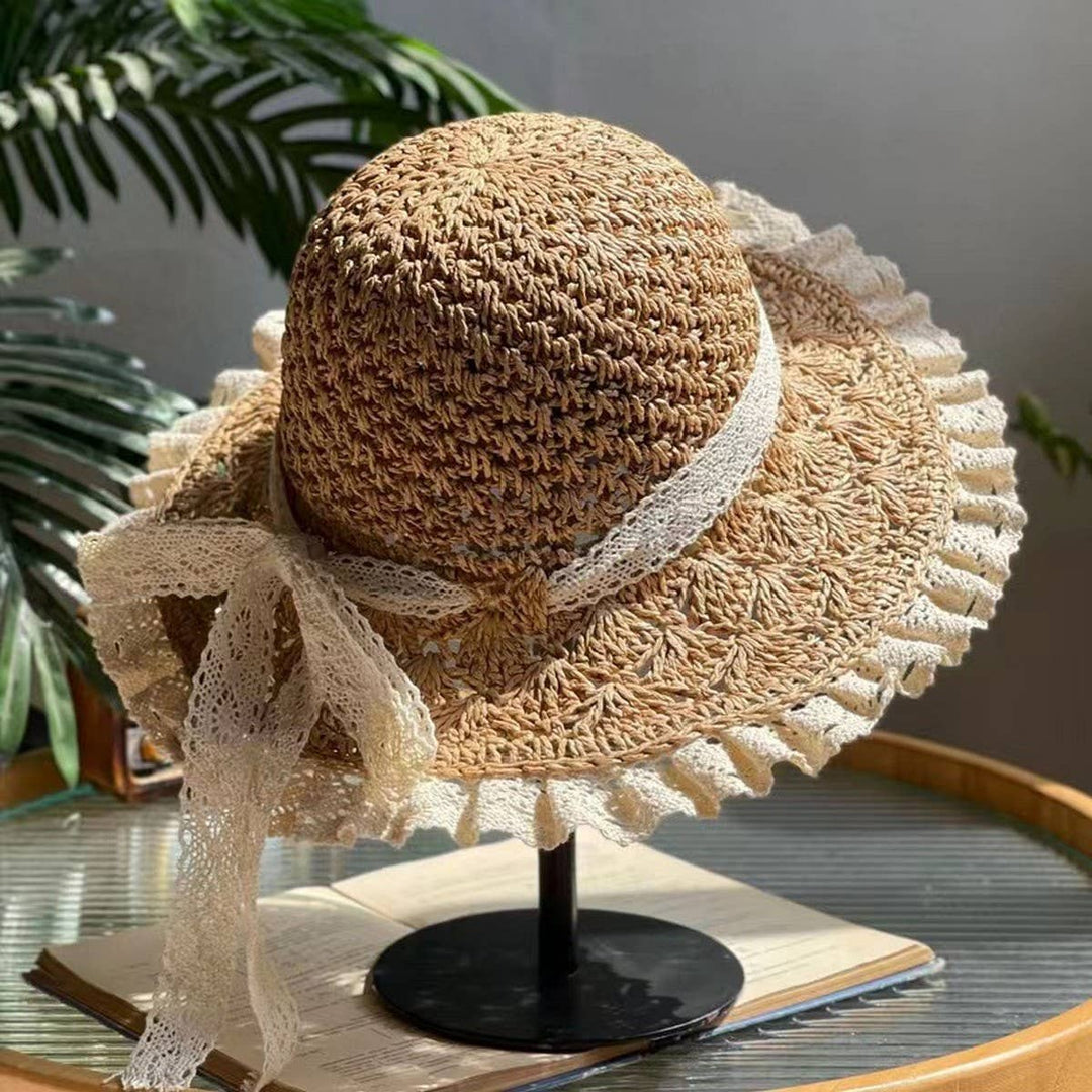 Lace Trim Sunshade Straw Hat with Bow