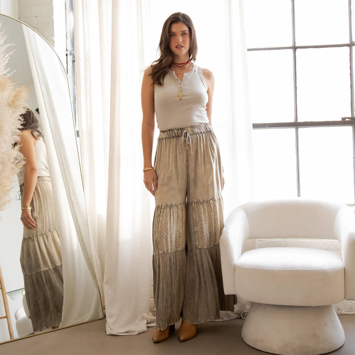 Mineral Wash Tiered Wide-Leg Palazzo Boho Pants
