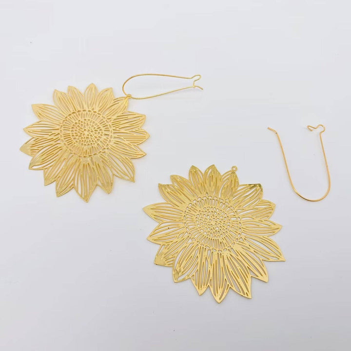 Golden Hollow Sunflower Hoop Earrings boho coastal gold statement earrings for free spirits