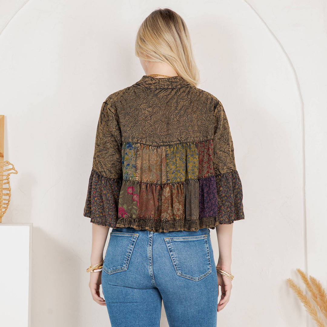 Lapel Detail Cropped Jacket with Handcrafted Embroidery