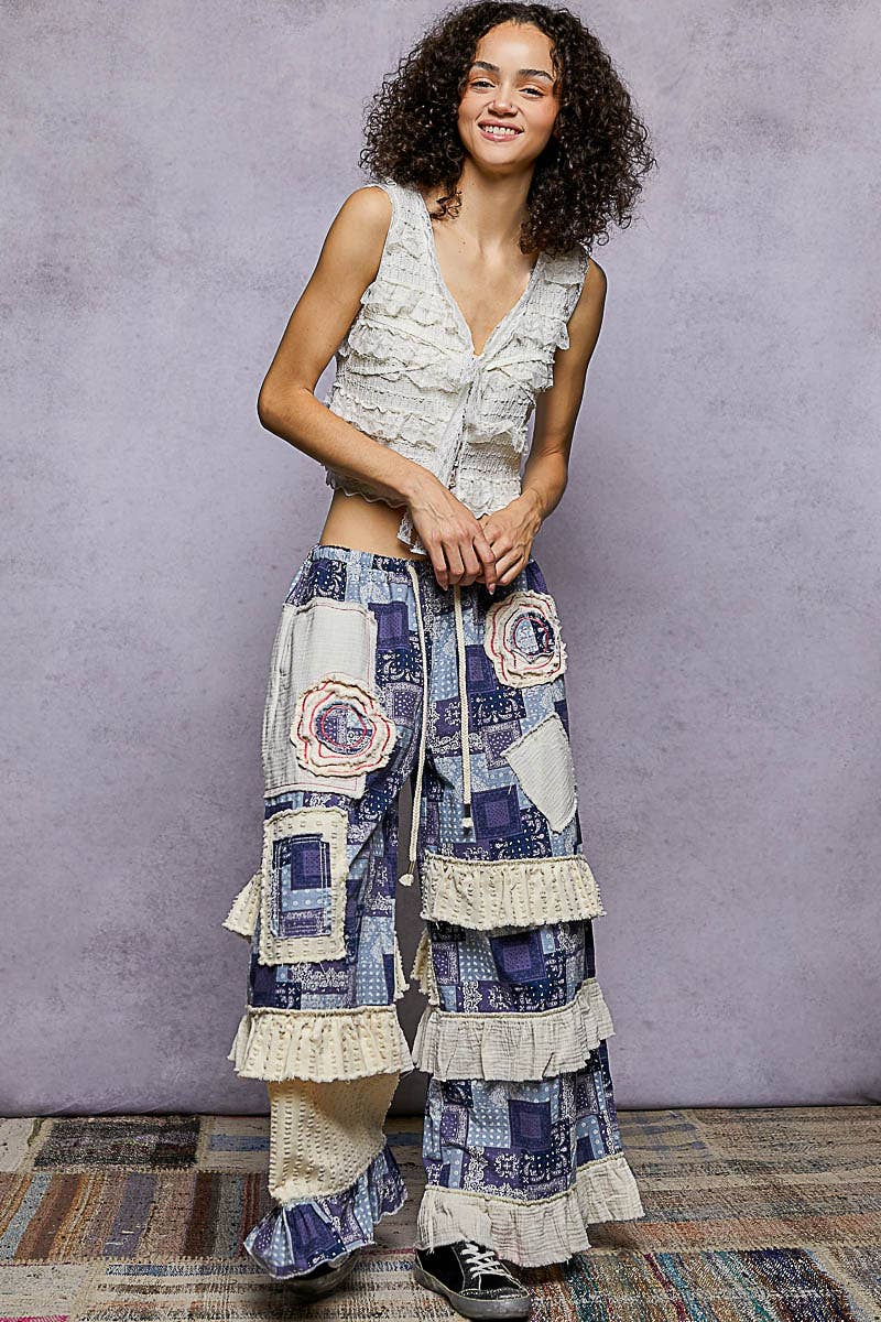 Twill Ruffle Printed Woven Wide Leg Pants with flowy coastal boho style